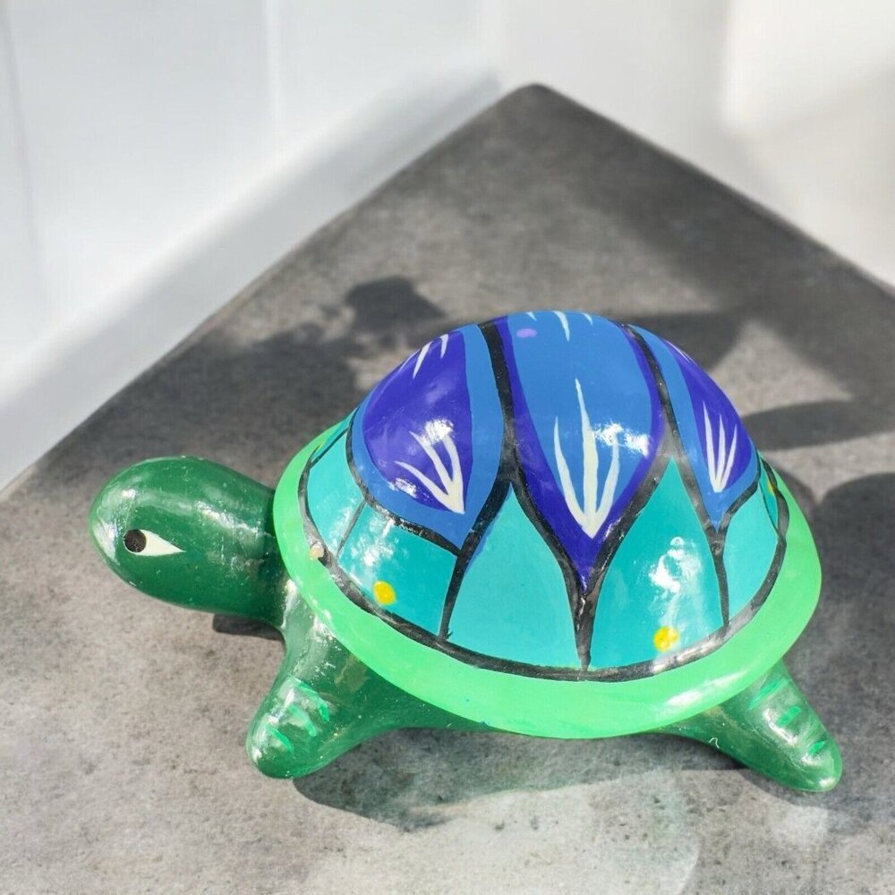Mexico Folk Art Pottery Turtle Trinket Dish‎ W Lid Artist Signed Roman Peron VTG